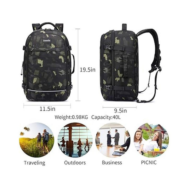 Asenlin 40L Travel Backpack for Women Men,17 Inch Laptop Backpack Flight Approved Luggage Carry On Water Resistant Computer Backpack for Weekender Overnight Large Daypack Woodland Camo