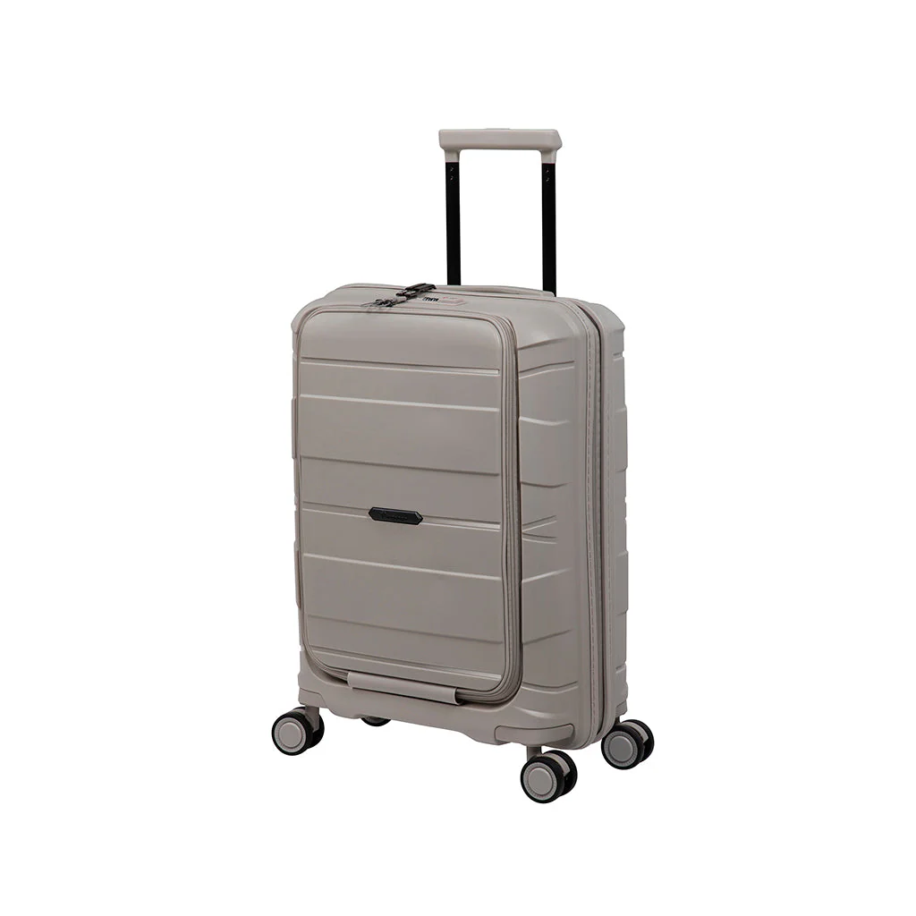 A sleek, lightweight suitcase in a muted gray color features a textured exterior, a retractable handle, and four spinner wheels for easy maneuverability.