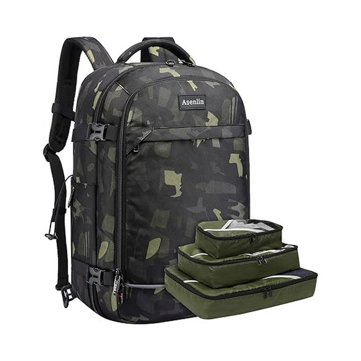 Asenlin 40L Travel Backpack for Women Men,17 Inch Laptop Backpack Flight Approved Luggage Carry On Water Resistant Computer Backpack for Weekender Overnight Large Daypack Woodland Camo