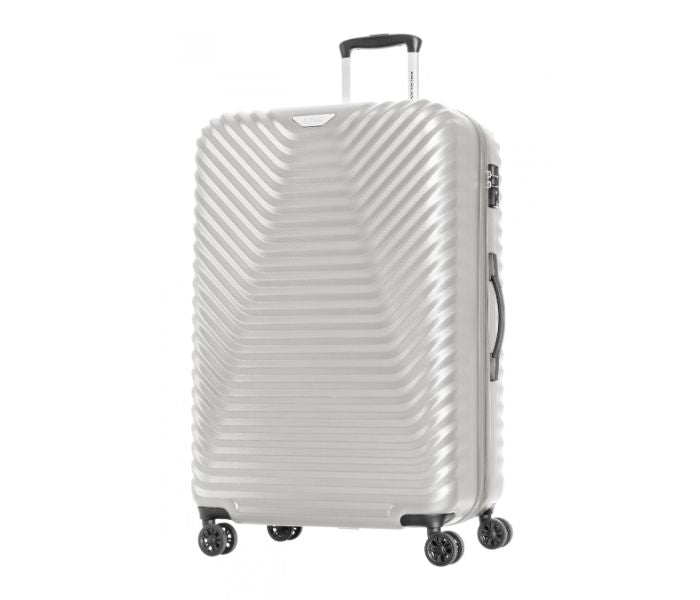 A sleek silver suitcase with a modern design featuring textured diagonal lines, a retractable handle, and smooth black wheels. The suitcase is positioned upright, showcasing its premium glossy finish and sturdy construction.