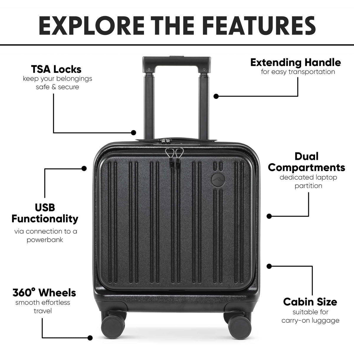 Dellonda- 18" Cabin Size Luggage with Laptop Compartments, Dual TSA Lock, USB & 4 360° Wheels - DL156