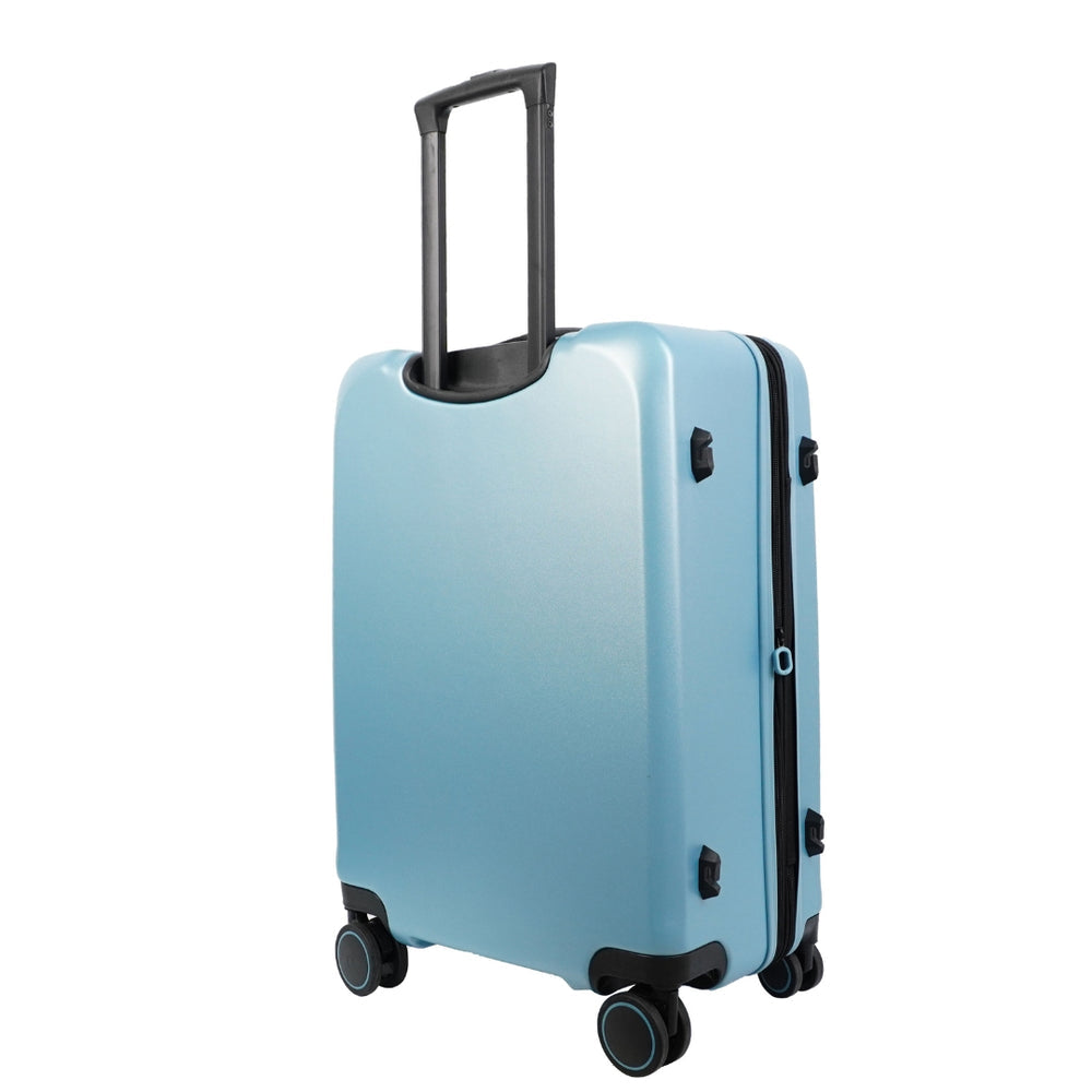 A stylish light blue suitcase with a sleek, smooth finish is shown at an angle, highlighting its black trolley handle and double wheels.