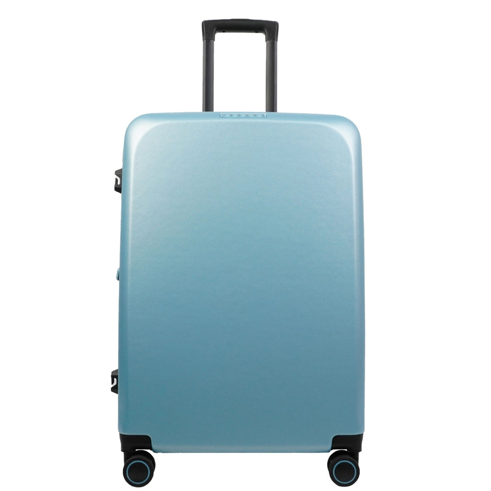 A sleek, light blue suitcase with a smooth, glossy finish stands upright. It features a retractable black handle and four multi-directional wheels, adding a modern touch to its design.