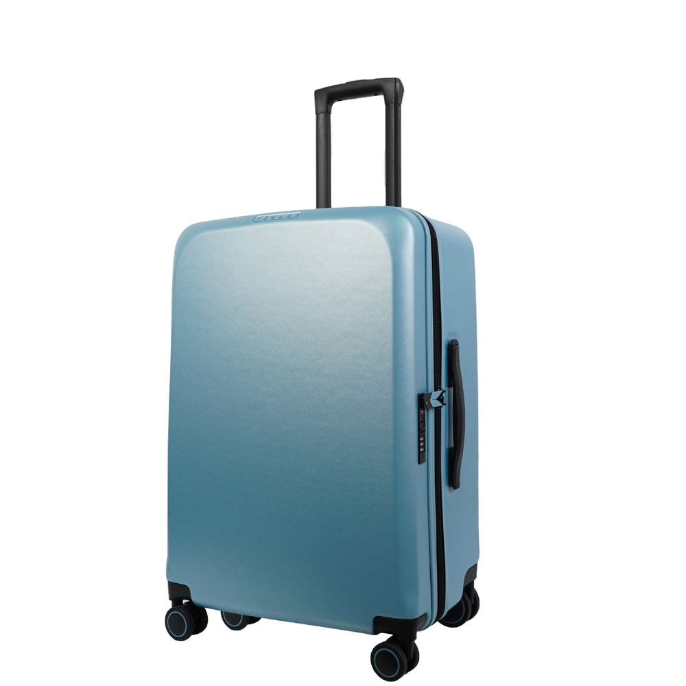 A light blue suitcase with a smooth, hard shell and a sleek design stands upright. It features a retractable handle, four double wheels for easy maneuverability, and a black zipper, showcasing a modern and stylish travel accessory.