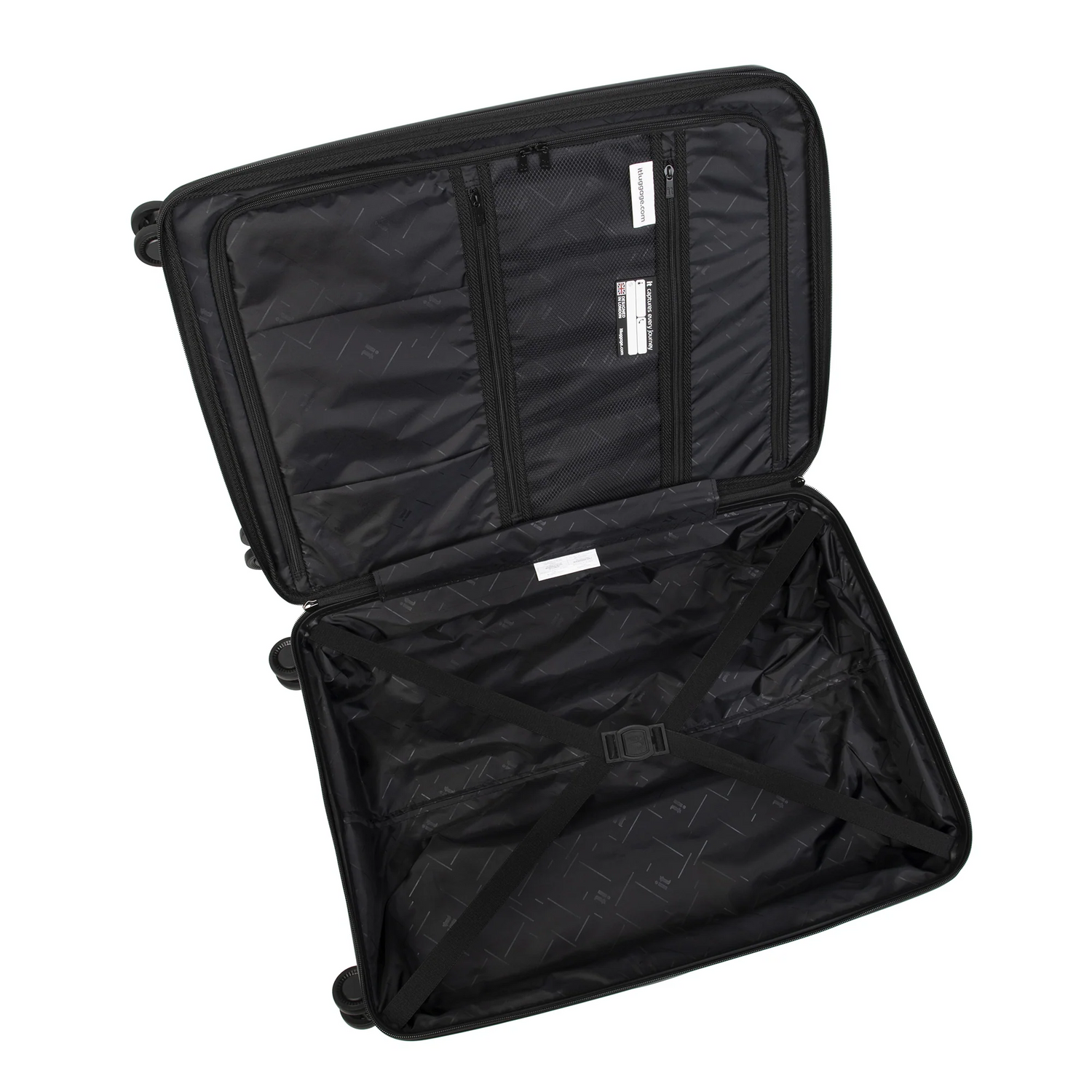 An open black suitcase with a lightweight polypropylene shell, featuring a spacious interior lined with a diamond-pattern fabric. The inside includes organizational compartments and straps to secure belongings during travel.