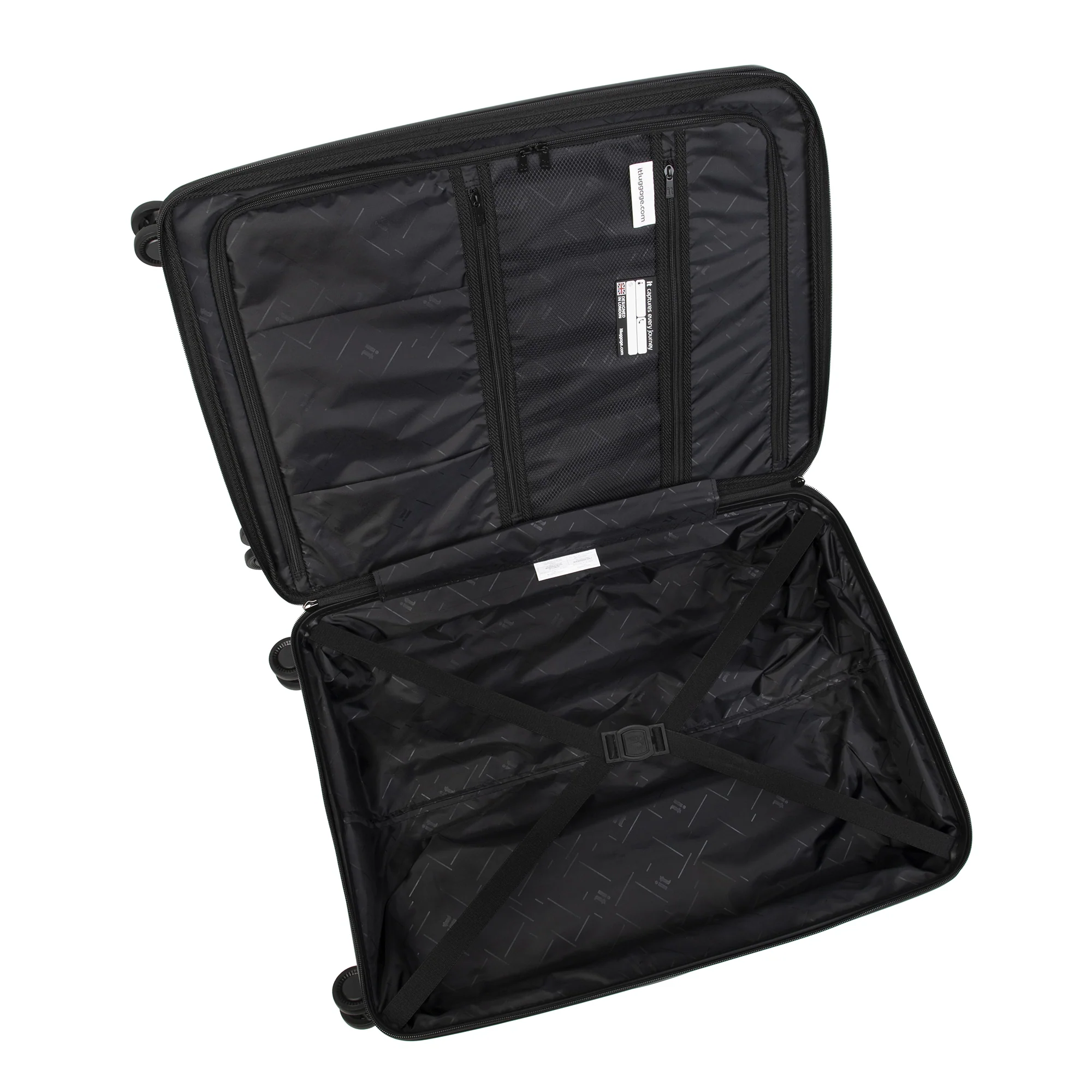 An open black suitcase with a lightweight polypropylene shell, featuring a spacious interior lined with a diamond-pattern fabric. The inside includes organizational compartments and straps to secure belongings during travel.