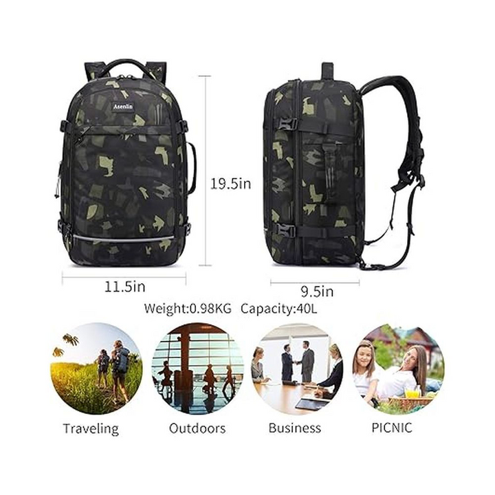 Asenlin 40L Travel Backpack for Women Men，17 Inch Laptop Backpack Flight Approved Luggage Carry On Water Resistant Computer Backpack for Weekender Overnight Large Daypack Woodland Camo