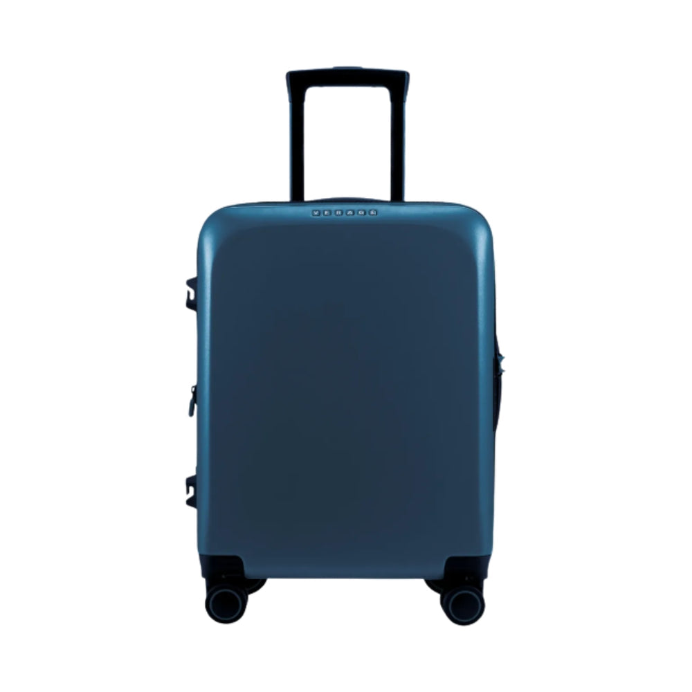 A sleek blue suitcase stands upright against a white background, featuring a retractable handle and four double wheels. The design includes a smooth exterior and minimalistic detailing, highlighting its modern aesthetic.