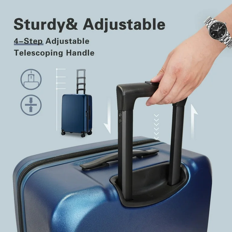 A hand grips the sturdy, adjustable telescoping handle of a sleek blue suitcase, showcasing its 4-step mechanism for height adjustment. The suitcase features a durable exterior and is positioned against a minimalist gray background.