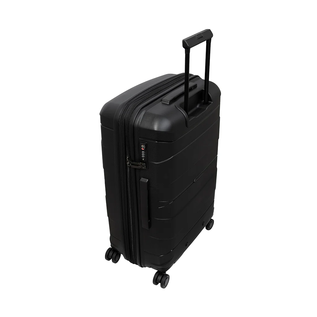 A sleek black suitcase with a textured polypropylene shell, featuring a TSA-compatible lock, a telescoping handle, and four spinner wheels for easy maneuverability. The suitcase is designed for efficient travel with ample interior space.