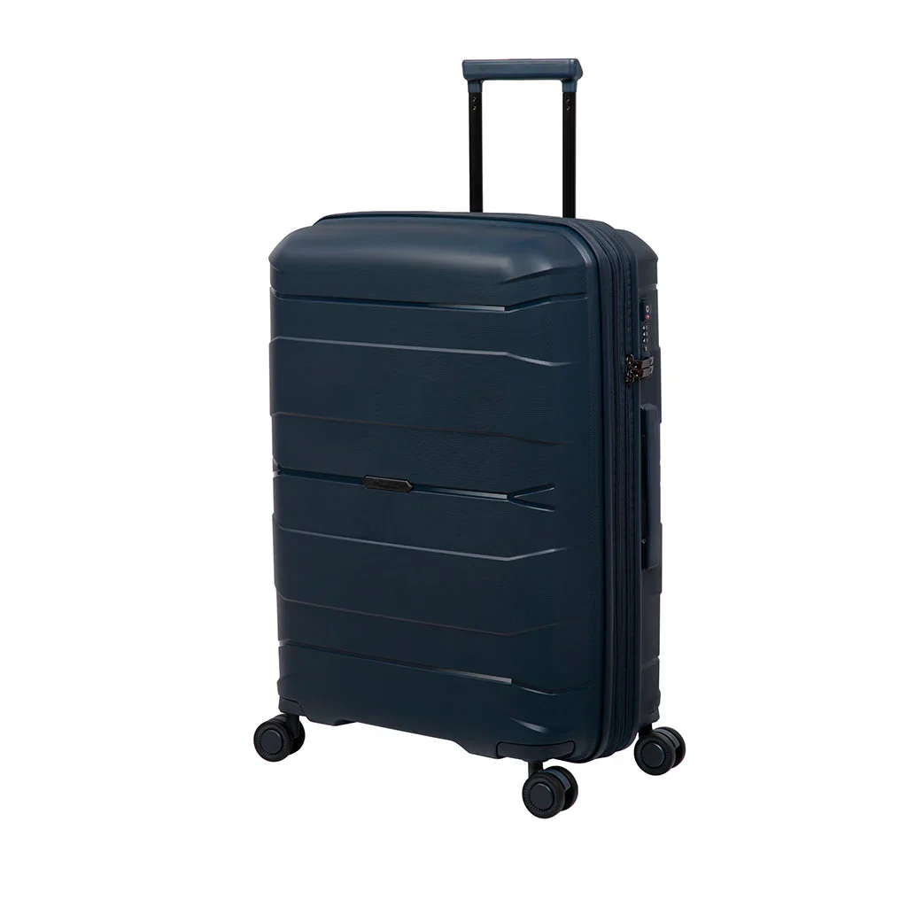 A dark blue hard-shell suitcase stands upright on four 360-degree spinner wheels. It features a telescopic handle for easy maneuverability and a sleek, modern design with textured lines on the surface.