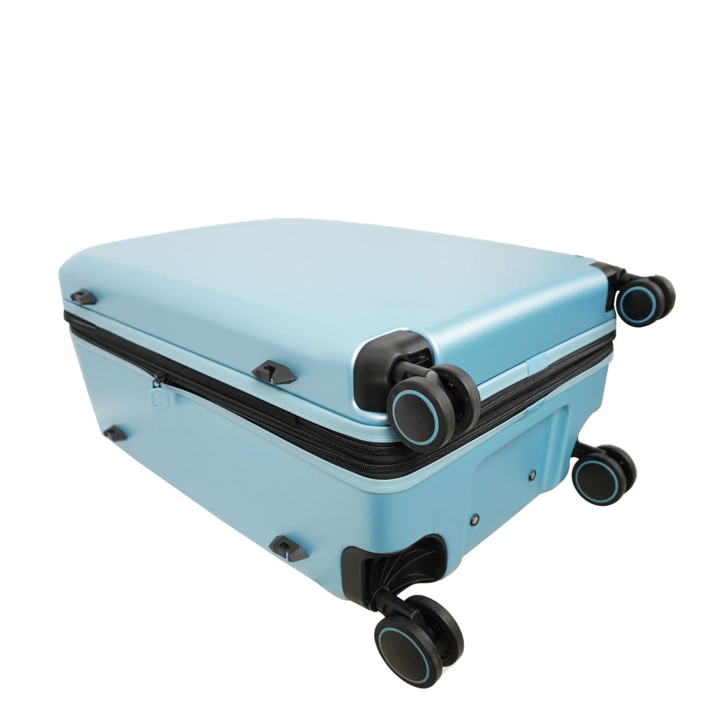A stylish blue suitcase is shown, featuring a hard-shell design with a smooth surface and a zipper closure. It has four double wheels for easy maneuverability and a sleek iron trolley system for comfortable handling.