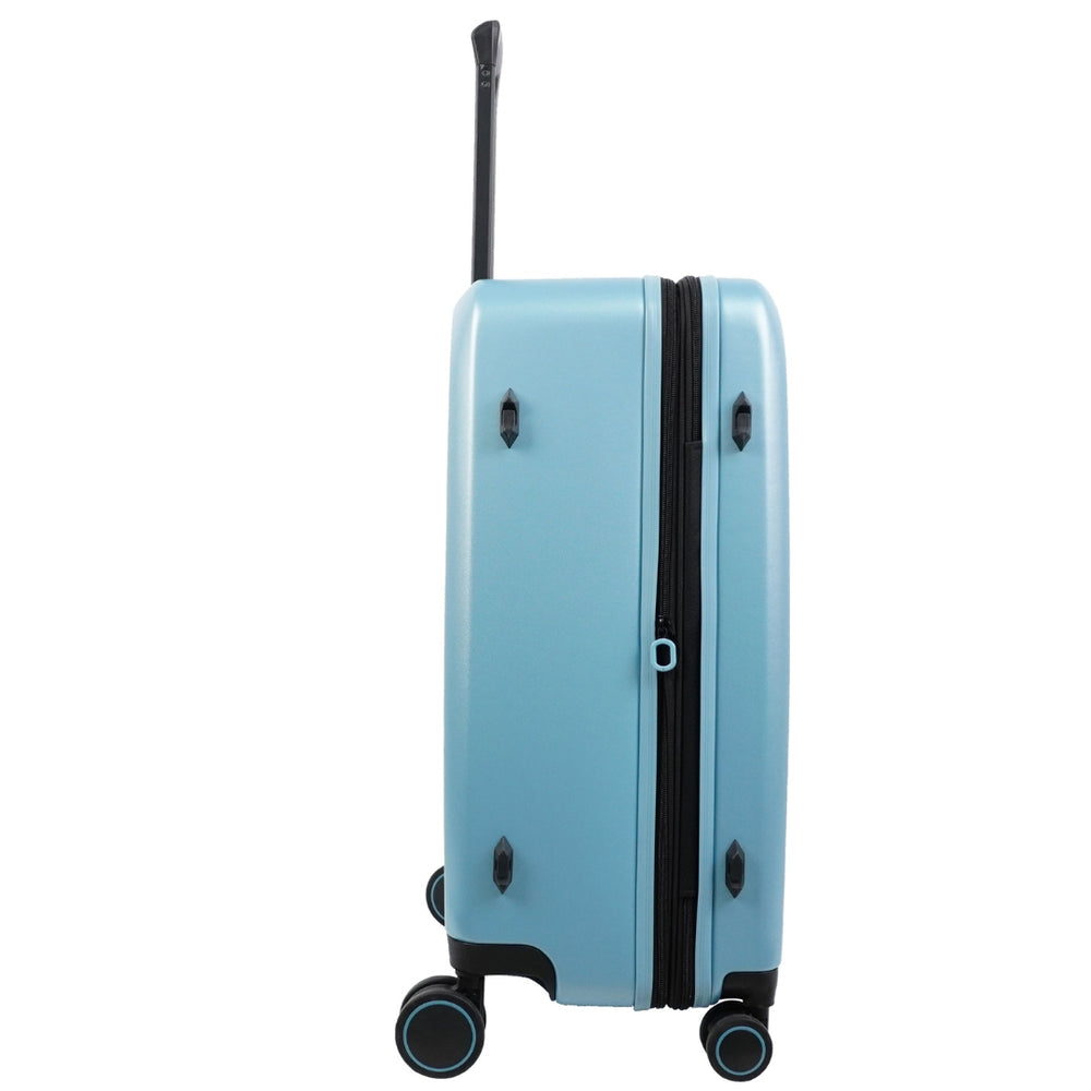 A side view of a soft blue suitcase with a sleek design, featuring a black zipper and pull handle. The suitcase has four double wheels, contributing to its modern appearance and mobility.