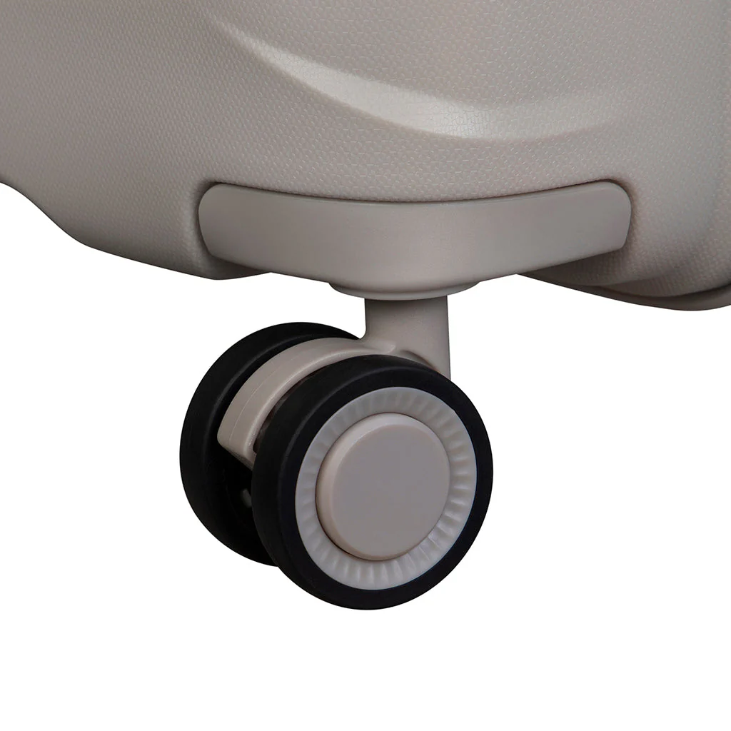 Close-up view of a lightweight suitcase wheel, featuring a black and white design. The wheel is attached to a smooth, textured polypropylene shell, highlighting its durable construction and easy maneuverability.