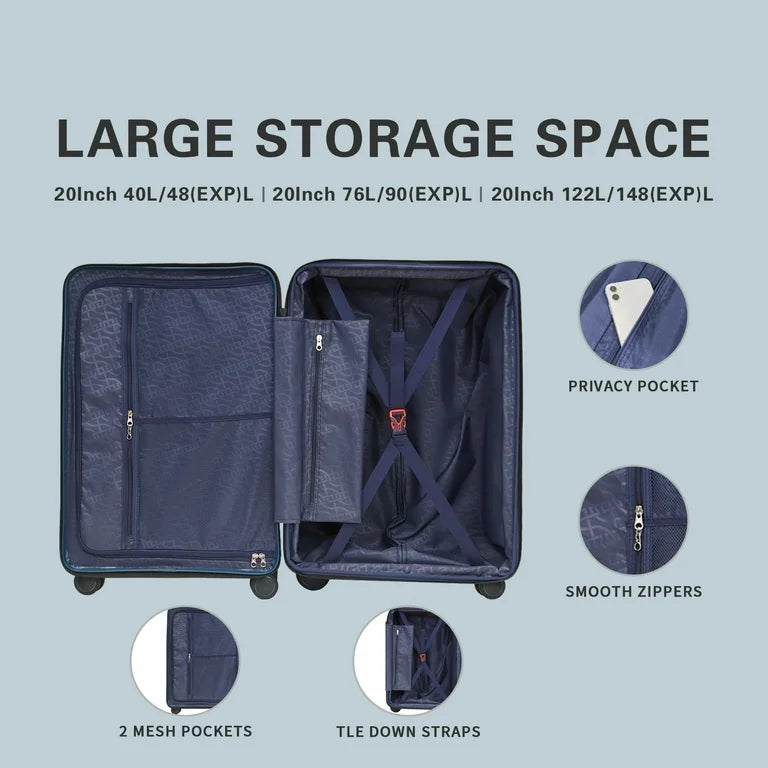 An open suitcase showcasing its large storage space, featuring a textured navy interior with a privacy pocket, two mesh pockets, and tie-down straps.