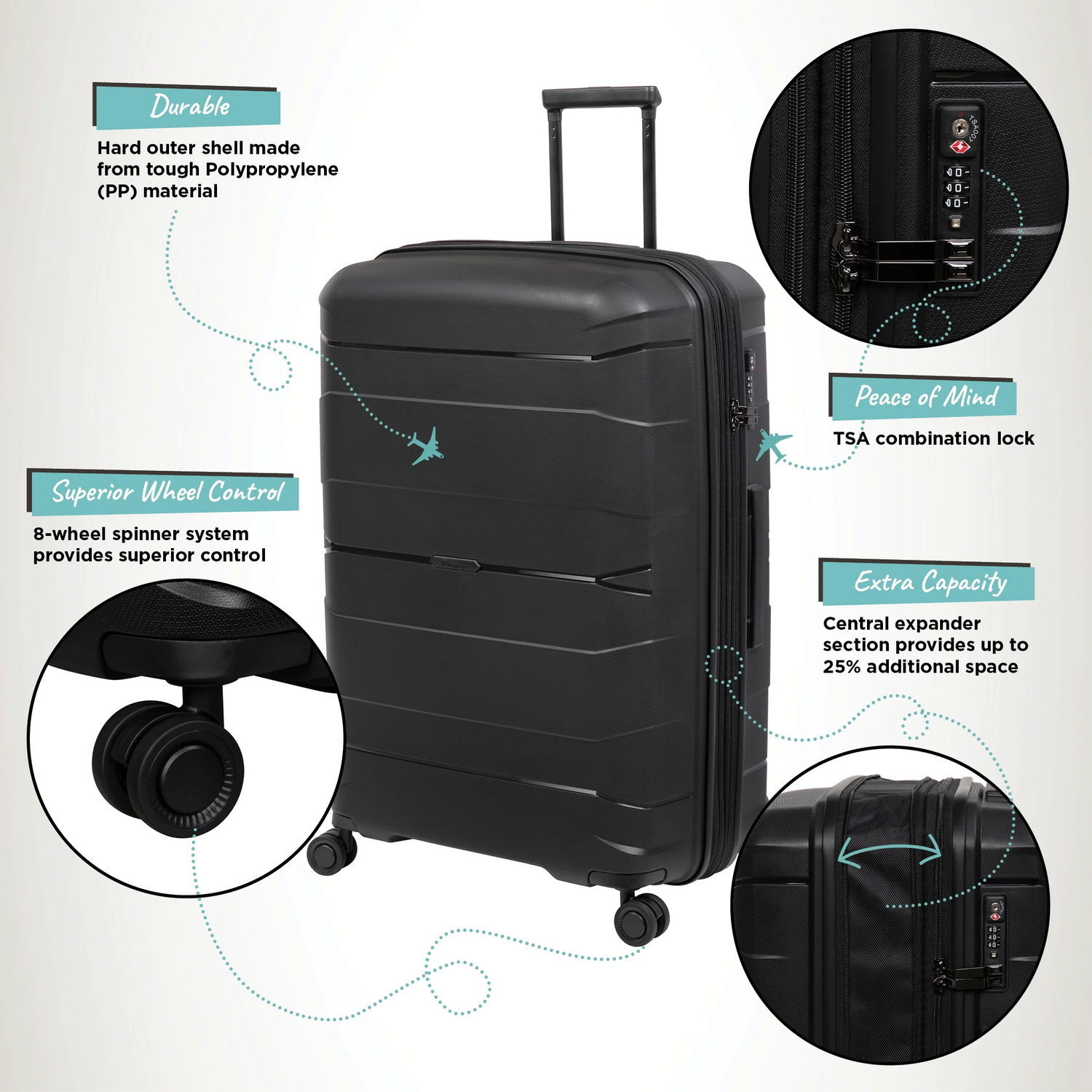 A black suitcase with a hard polypropylene shell features an aluminum trolley handle and eight spinner wheels for easy maneuverability. The suitcase includes a TSA-compatible lock and an expandable section for additional packing space.