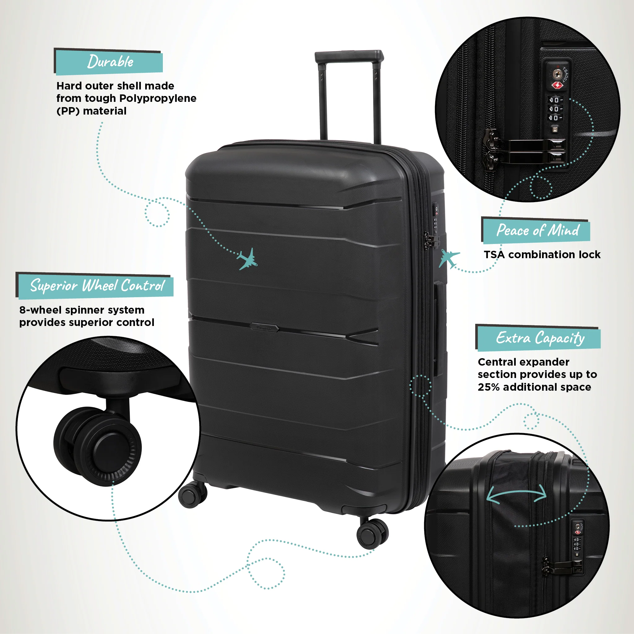 A black suitcase with a hard polypropylene shell features an aluminum trolley handle and eight spinner wheels for easy maneuverability. The suitcase includes a TSA-compatible lock and an expandable section for additional packing space.
