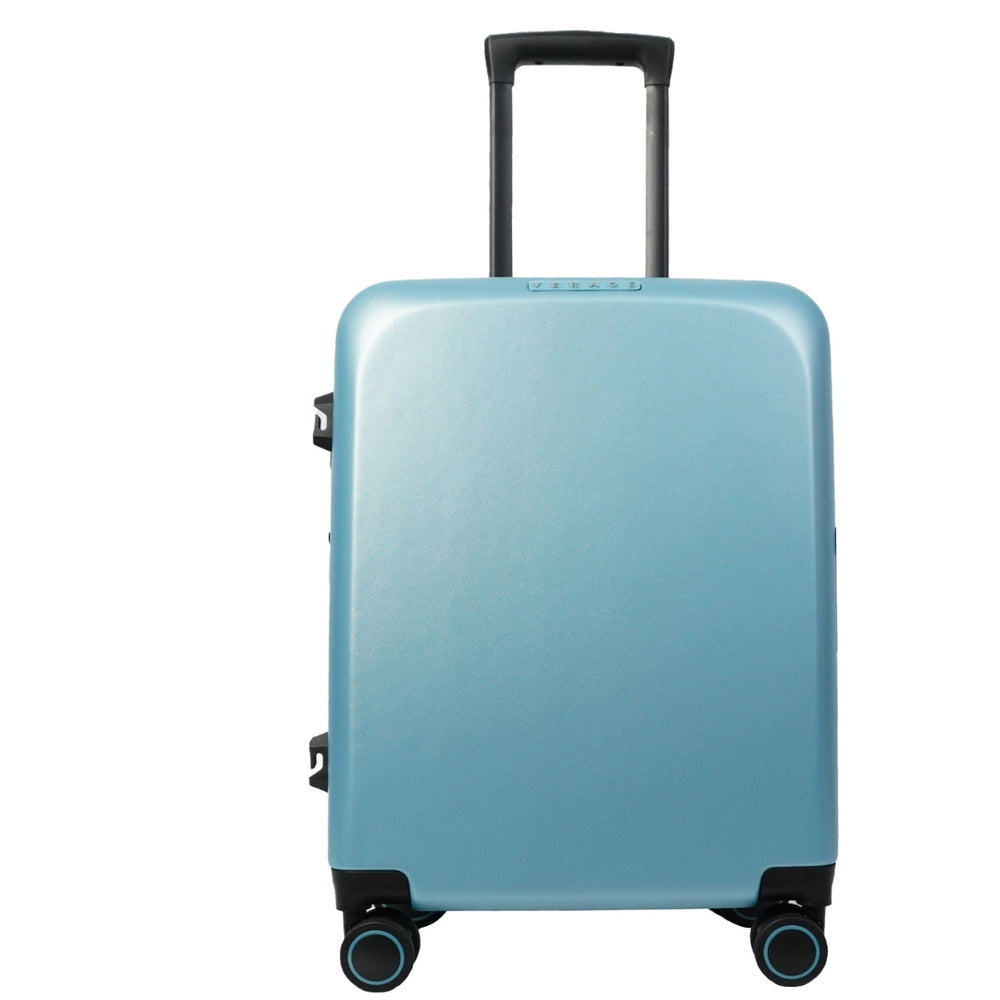 A sleek, light blue suitcase stands upright, showcasing a smooth, glossy exterior. It features a retractable black handle and four double wheels for easy maneuverability, making it an ideal travel companion.