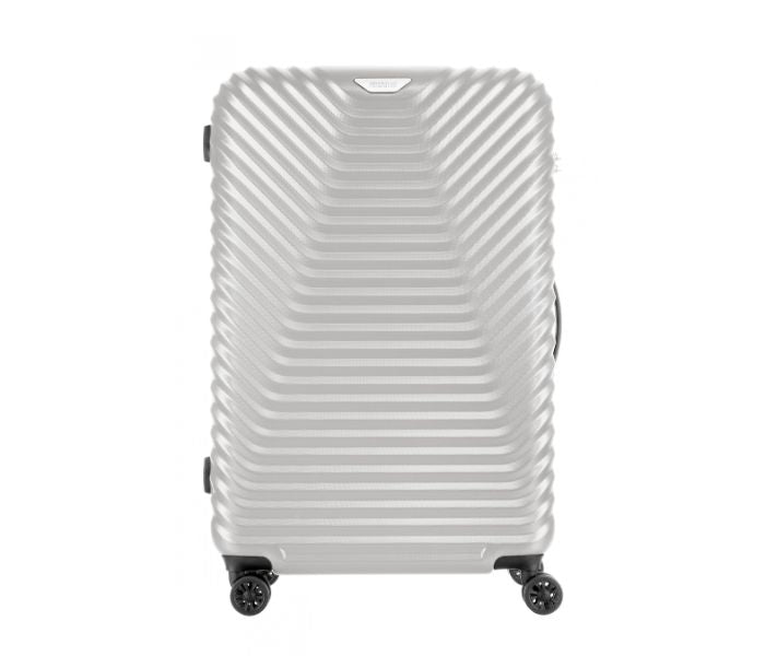 A sleek, silver hardshell suitcase featuring a modern ribbed design, smooth double wheels, and a black handle. The suitcase has a glossy finish that reflects light, enhancing its premium appearance.