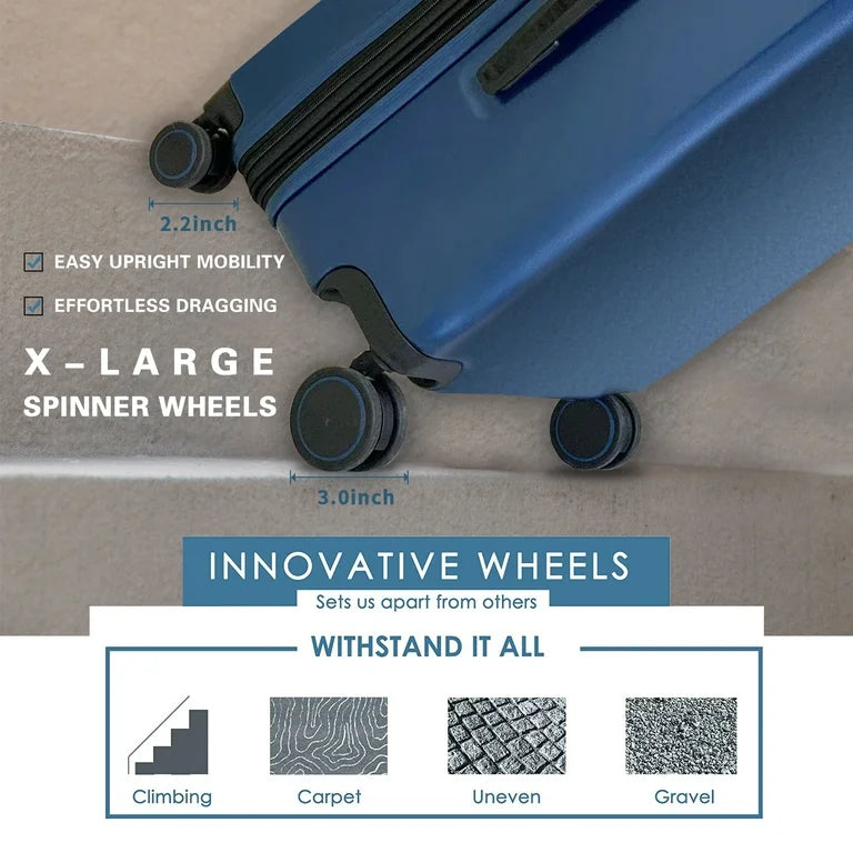 Close-up view of a blue suitcase featuring large spinner wheels designed for easy mobility on various surfaces.