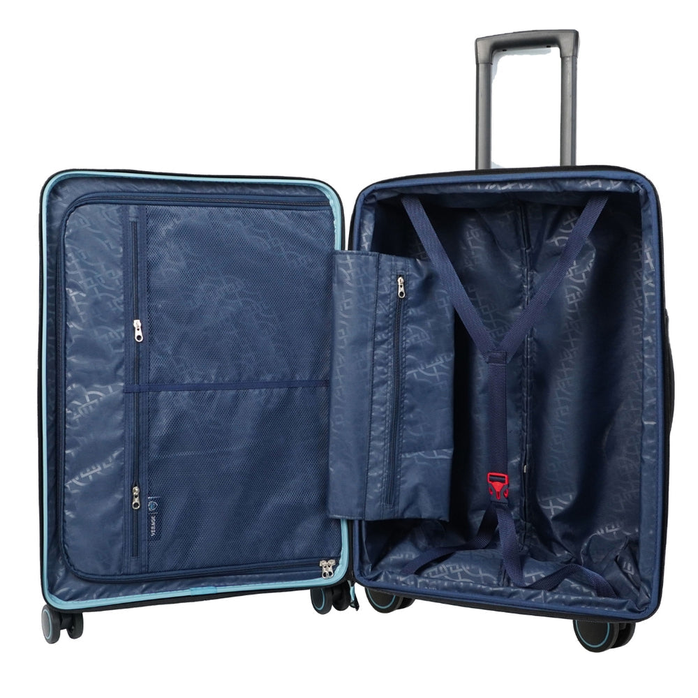 The interior of a navy blue suitcase is shown, featuring a spacious compartment with mesh zippered pockets and a cross strap for securing items. The suitcase is equipped with smooth double wheels and a sturdy handle for easy transport.