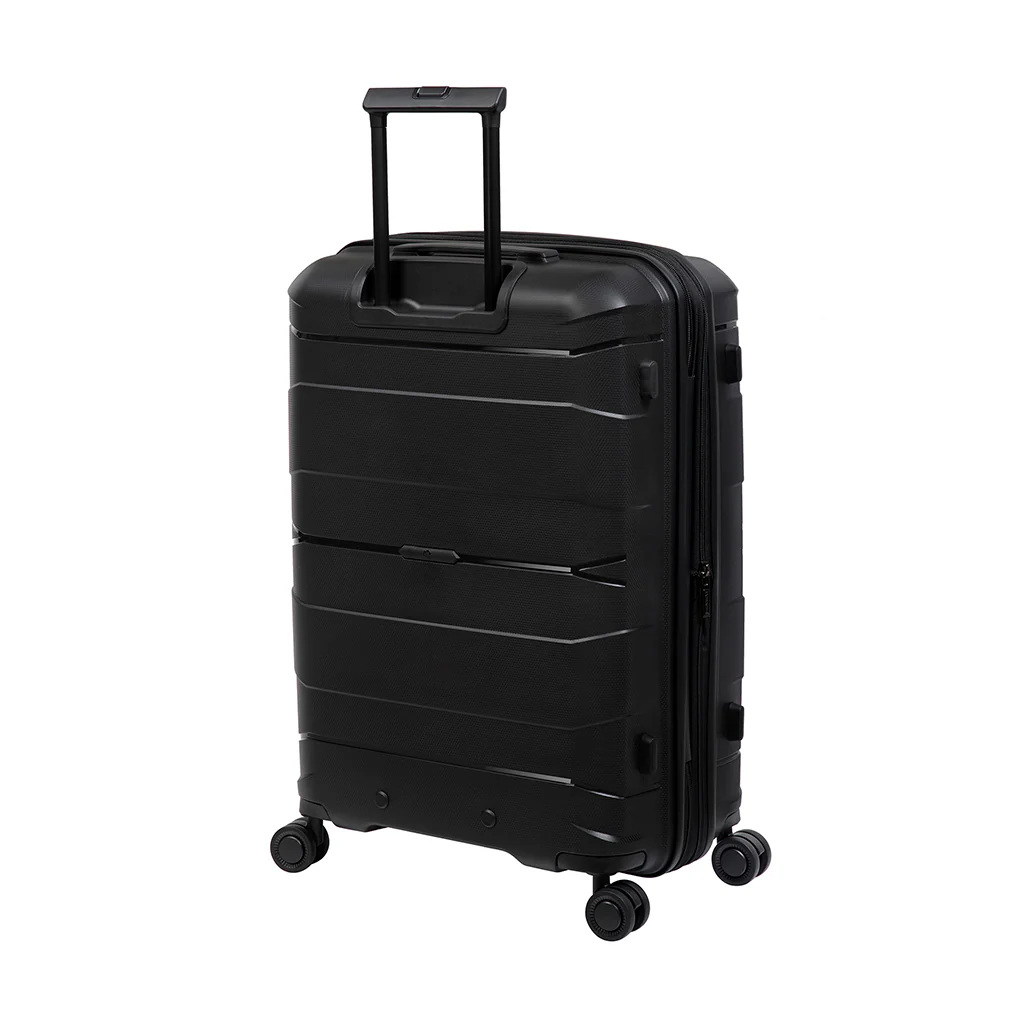 A black, hard-shell suitcase stands upright with a retractable handle and four spinner wheels. The sleek design features horizontal grooves and a zipper closure, showcasing its modern and functional travel style.