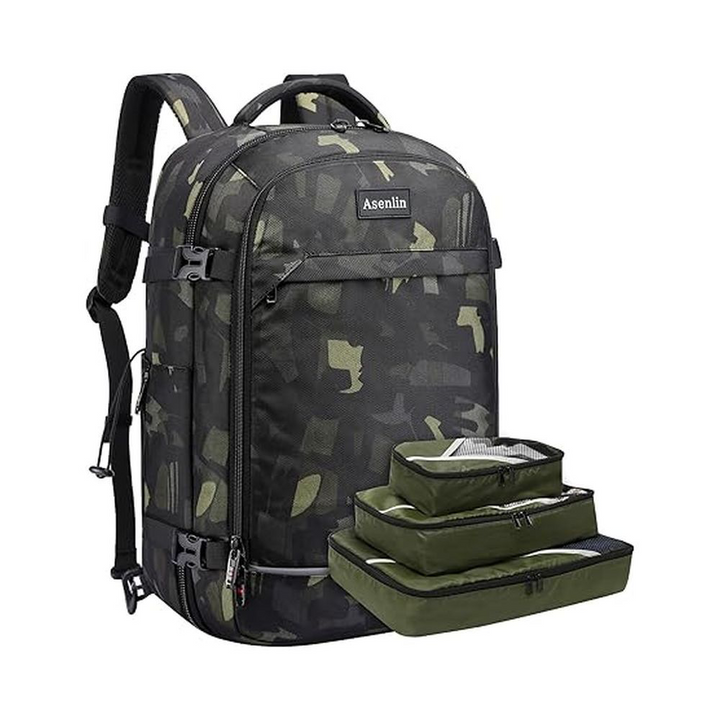 Asenlin 40L Travel Backpack for Women Men，17 Inch Laptop Backpack Flight Approved Luggage Carry On Water Resistant Computer Backpack for Weekender Overnight Large Daypack Woodland Camo