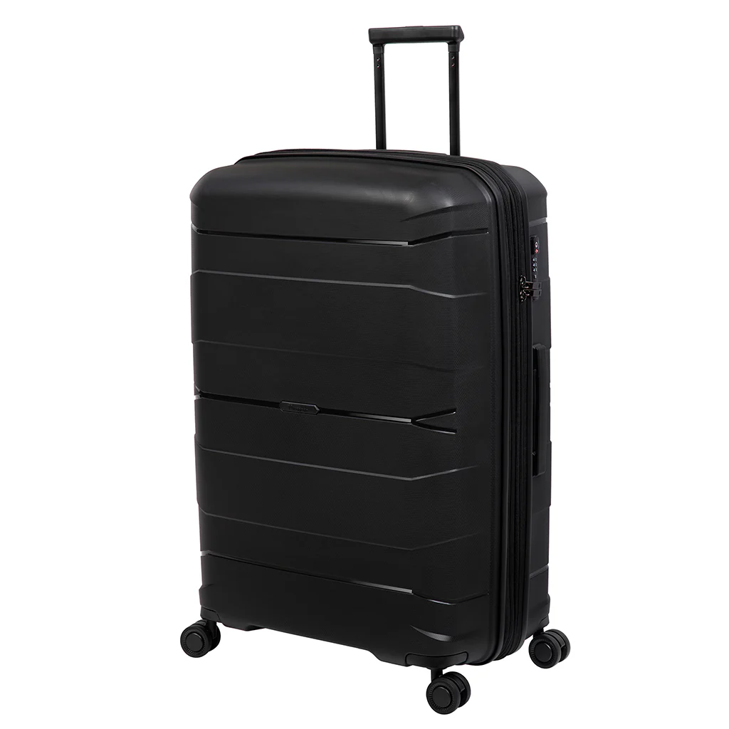 A sleek black suitcase stands upright, featuring a textured polypropylene shell and a retractable aluminum trolley handle. It is equipped with four smooth spinner wheels for easy maneuverability, showcasing a modern travel design.