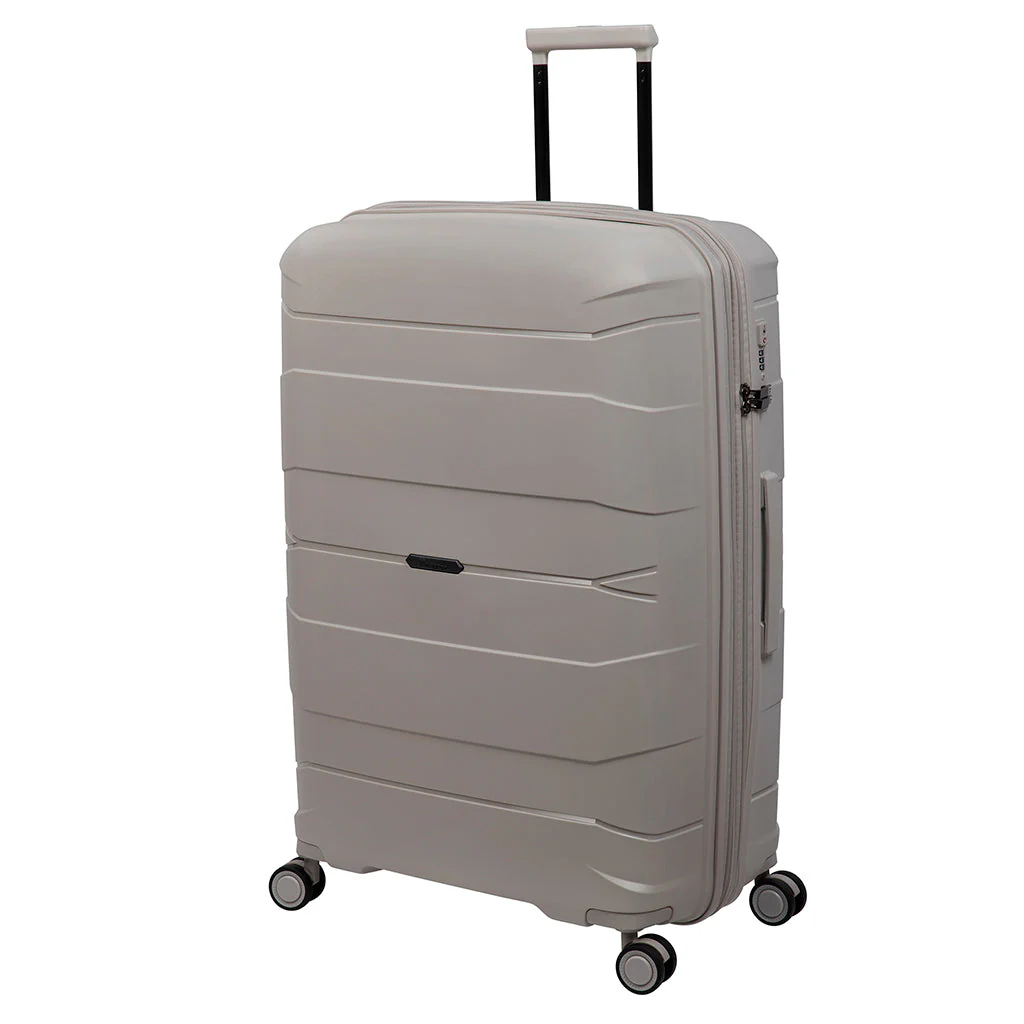 A sleek, gray suitcase with a textured polypropylene shell features a retractable handle and four spinner wheels for easy maneuverability. The suitcase has a zipper closure and an additional side pocket for extra storage.