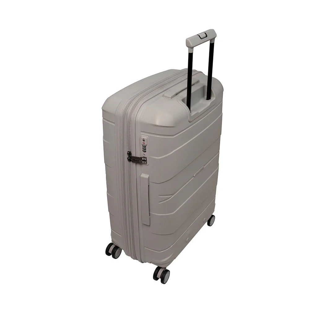 A light gray hard-shell suitcase is shown from a three-quarters angle, featuring an extendable handle and four spinner wheels for easy maneuverability.