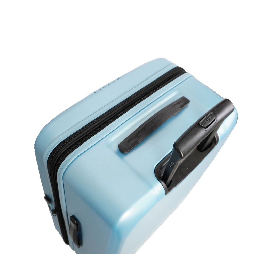 A close-up view of a light blue suitcase featuring a sturdy black handle and zipper. The suitcase has a sleek design with smooth edges, showcasing its durable material and compact size, ideal for travel.