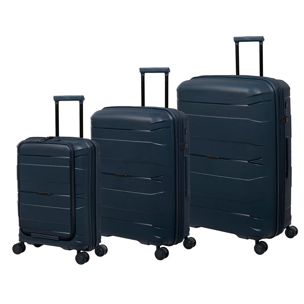 Three pieces of navy blue luggage are displayed, each featuring a sleek, textured design. The suitcases vary in size, with the largest positioned in the back, showcasing extendable handles and four spinner wheels for easy mobility.