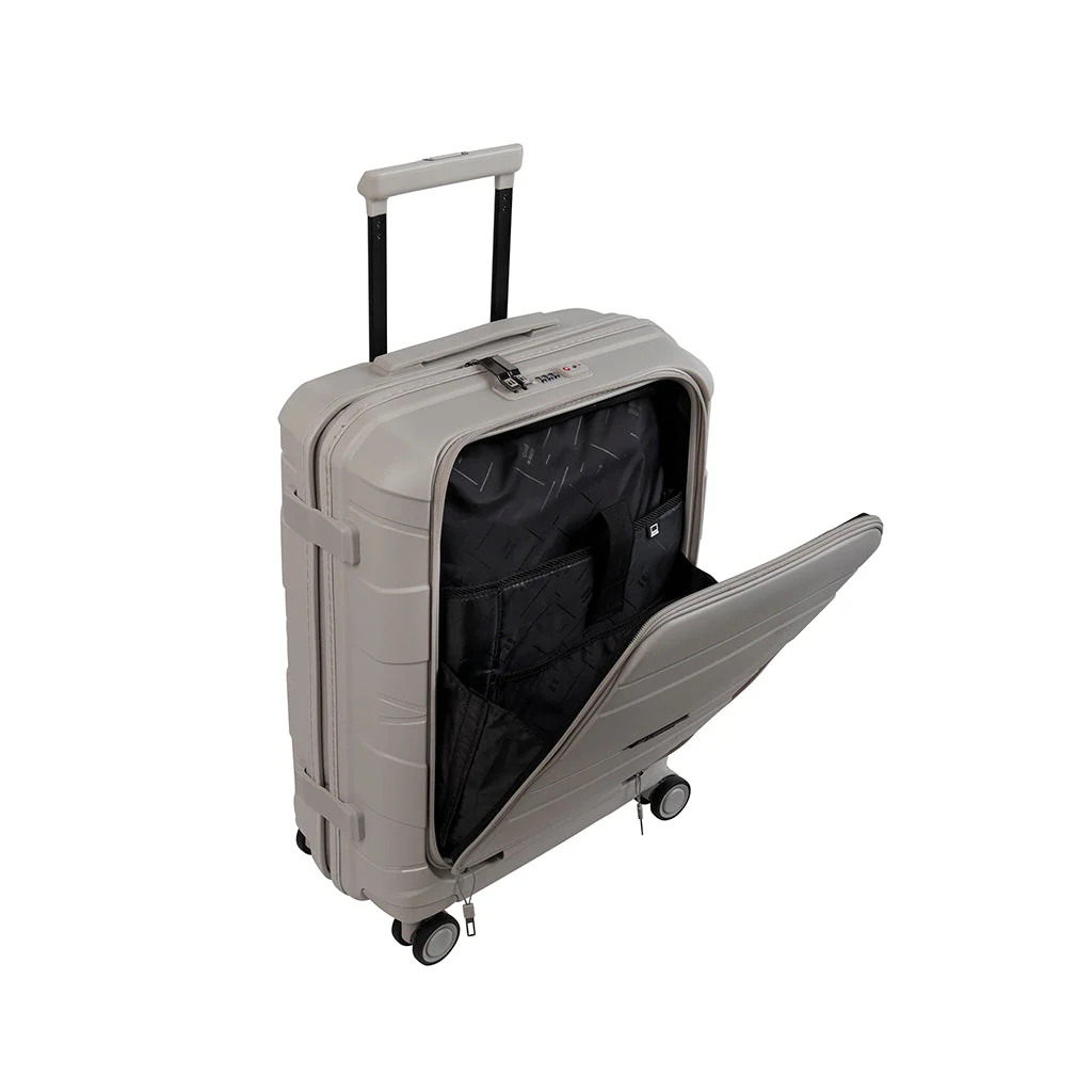 A light gray suitcase with an open front compartment showcases its spacious interior lined with black fabric. The suitcase features a retractable handle and four spinner wheels for easy maneuverability, ideal for travel.