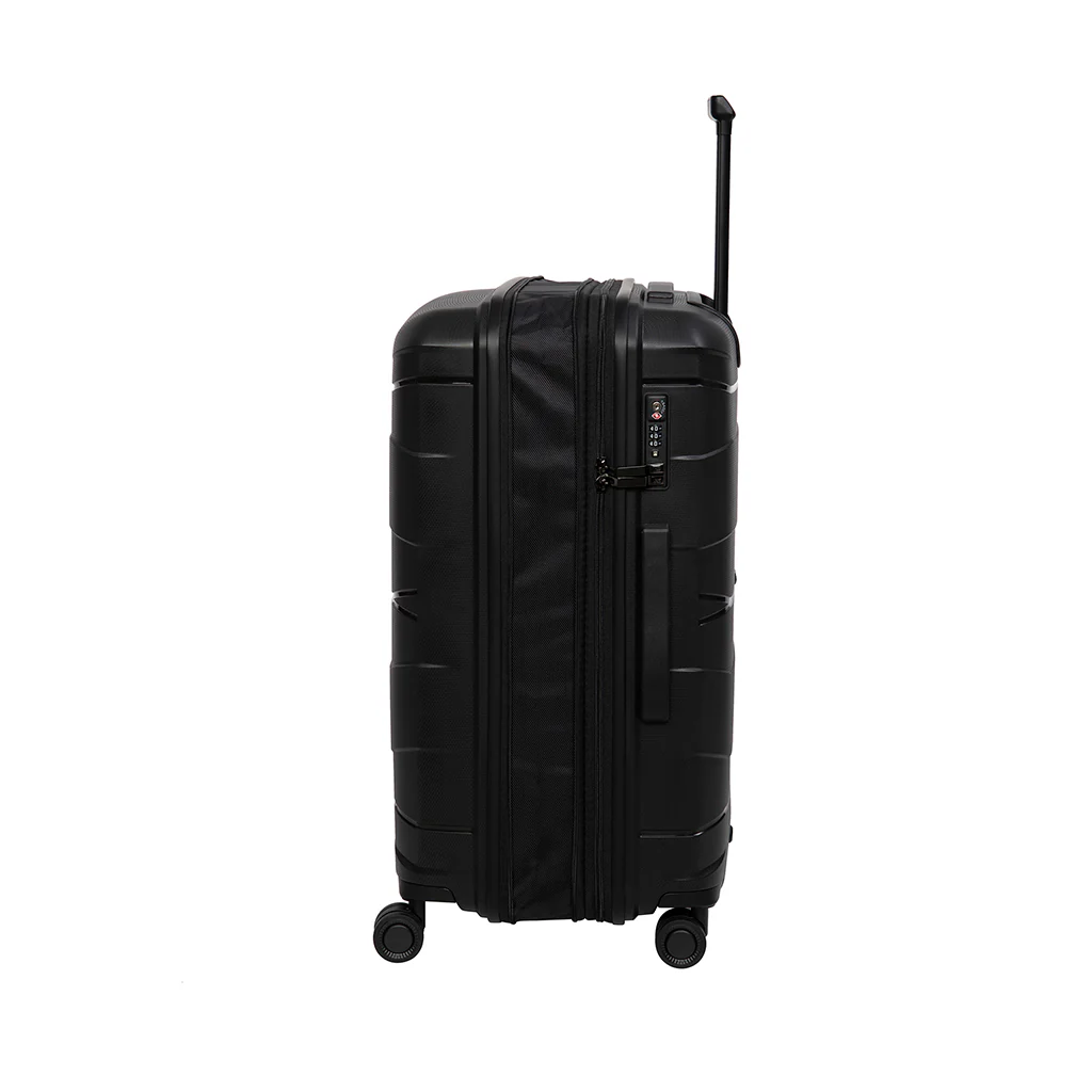 A black hard-shell suitcase stands upright, showcasing its durable polypropylene exterior. The suitcase features a TSA-compatible lock, a sturdy handle, and four spinner wheels for easy maneuverability.