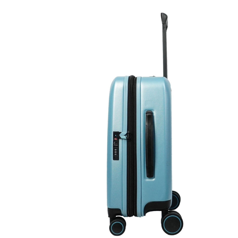 A side view of a light blue suitcase featuring a durable hard shell, a telescoping handle, and four double wheels. The suitcase has a black zipper and a sleek design, making it an ideal travel companion.