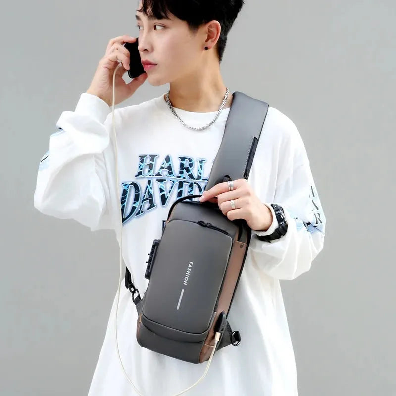 Fashion Men Sling Bag Pack with Lock Waterproof -Theft Chest Bag with USB Charging Port Shoulder Bag Body Backpack - Travelage - Bags and Luggage Store